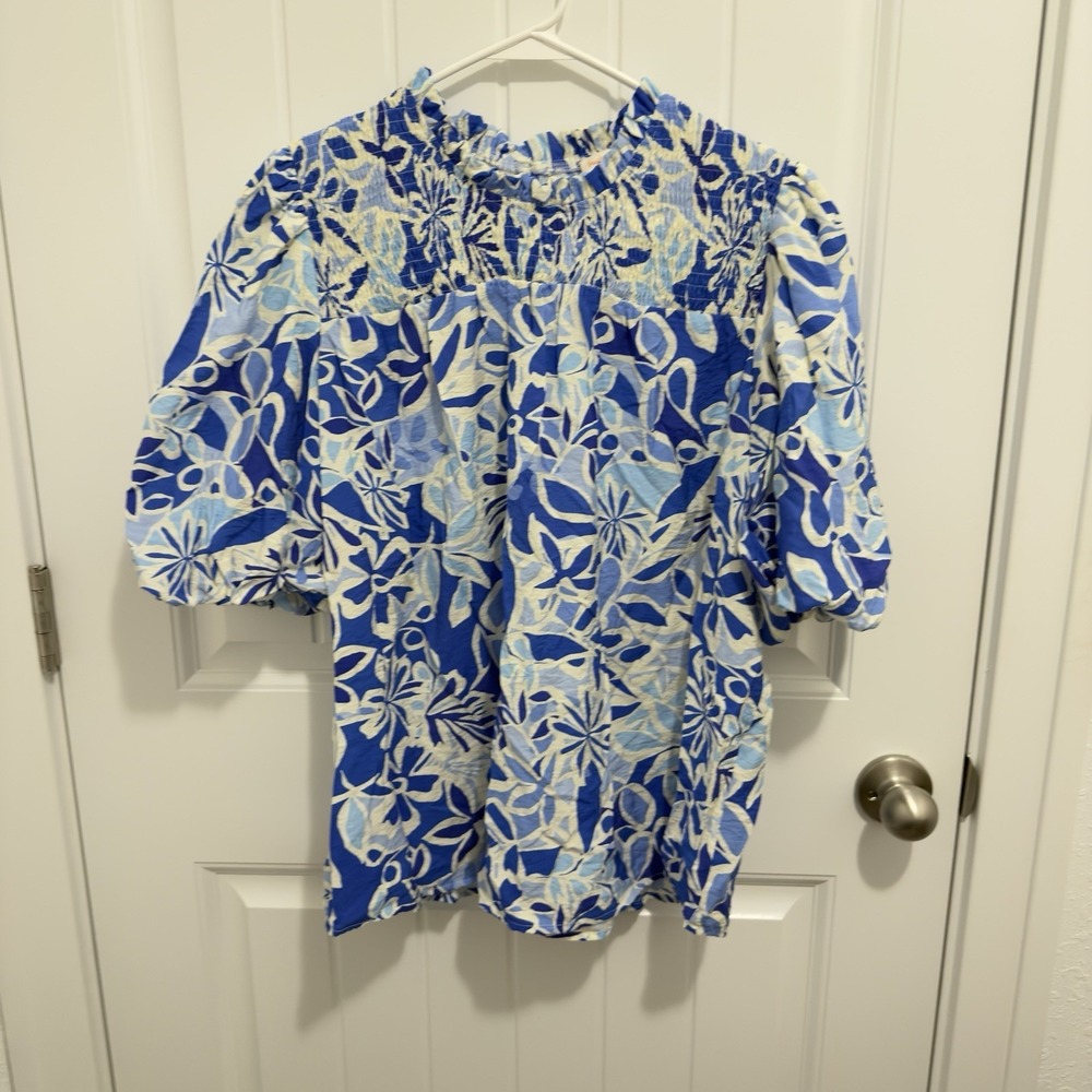 Hailey & Co Women's Blue Ivory Floral Boho Balloon Sleeve Top Size 2X
